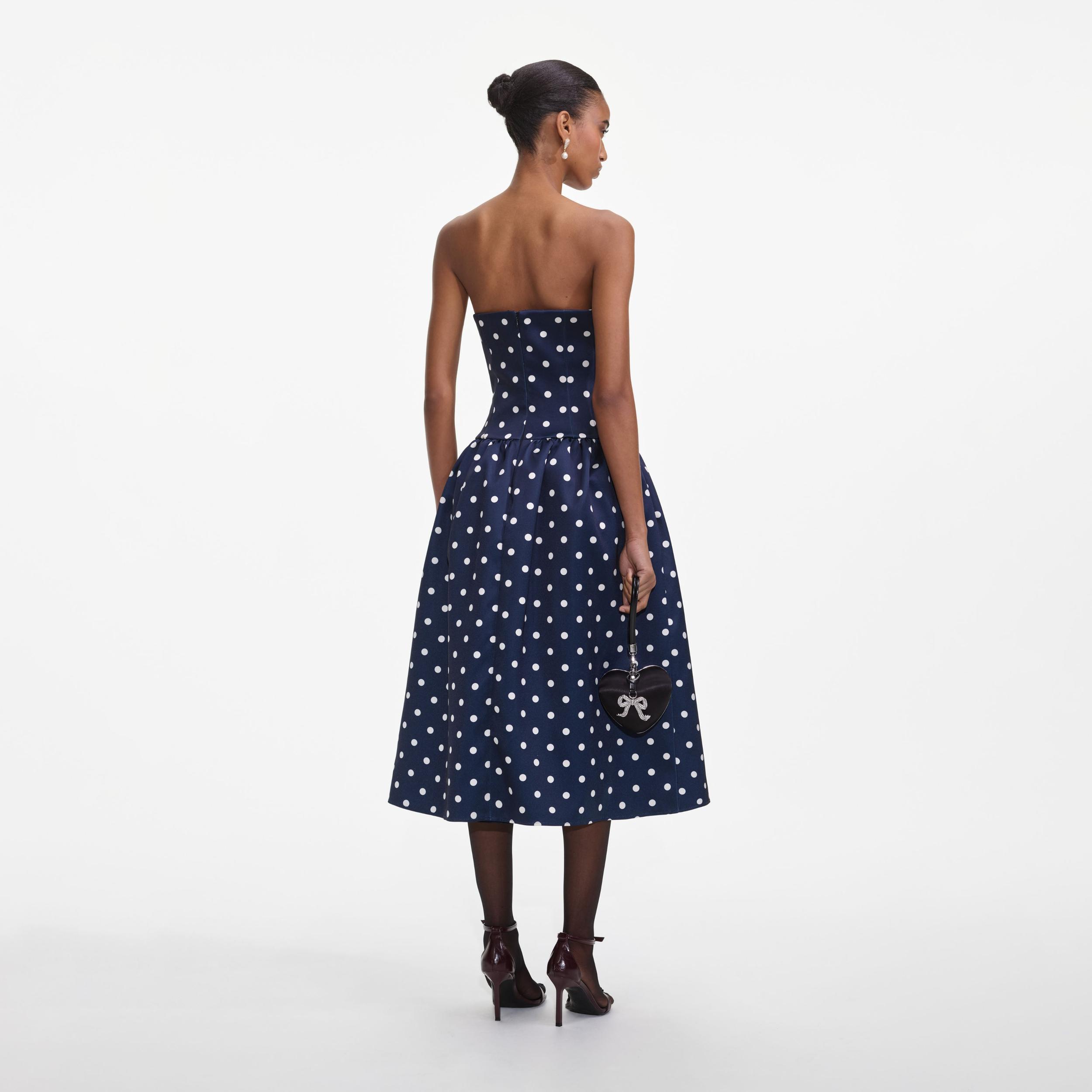 Navy Polka Dot Satin Midi Dress Product Image