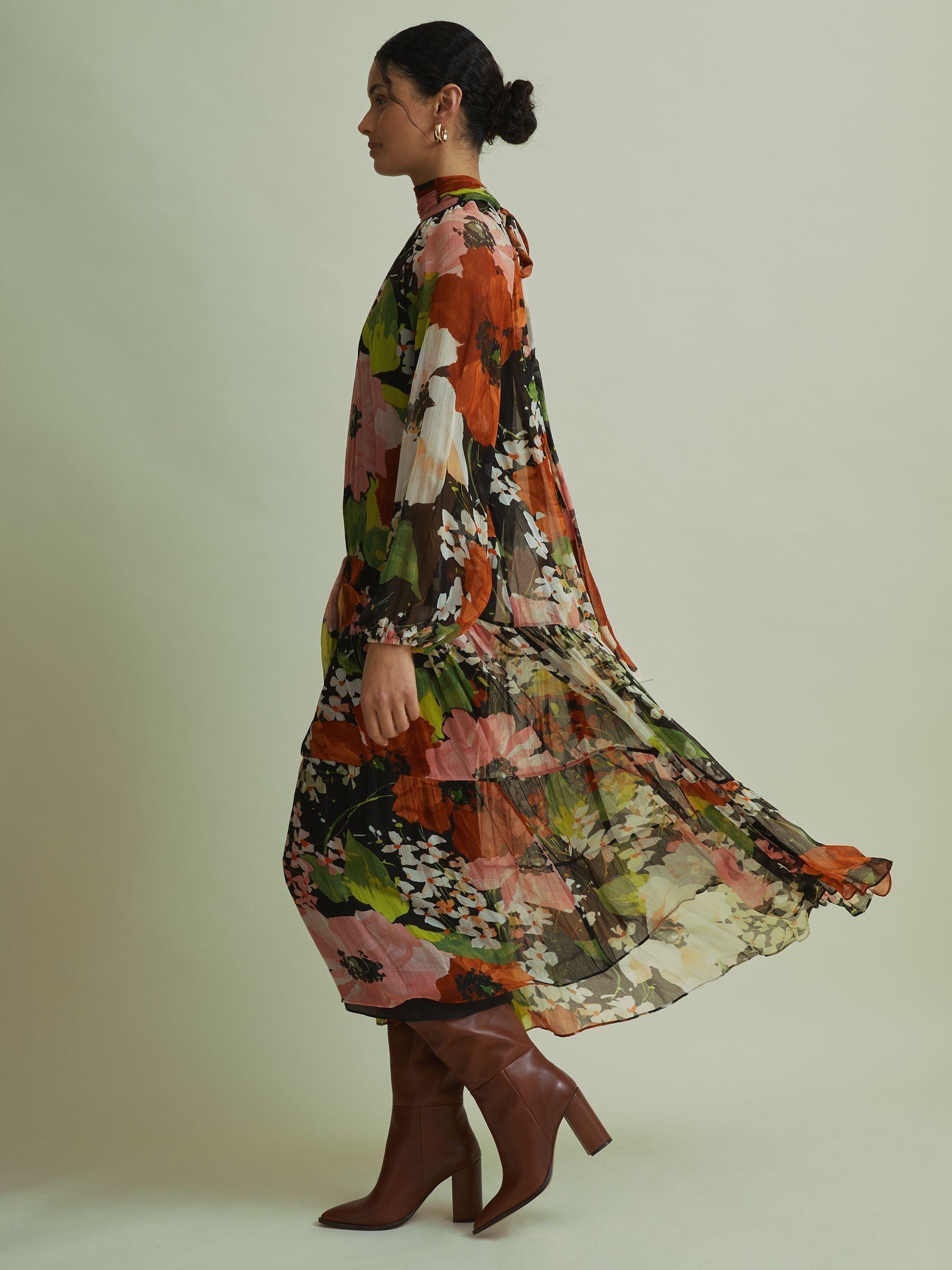 Florere Multi Tiered Tie Neck Midi Dress in Multi Product Image