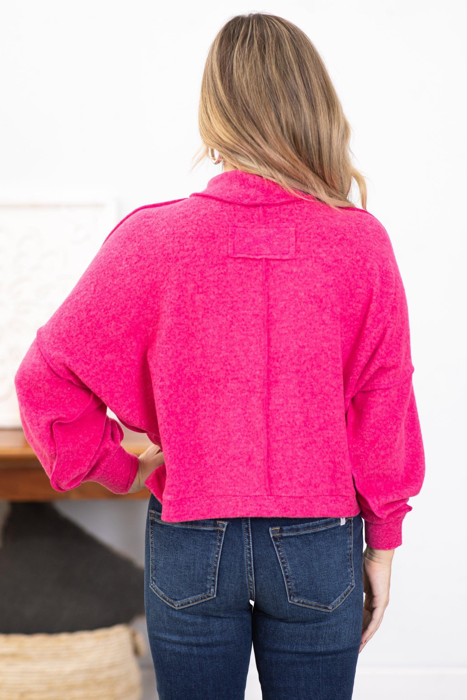 Hot Pink Hacci Knit Mock Neck Top Product Image