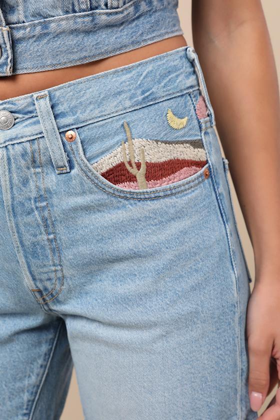501 Mid Thigh Light Wash Denim Embroidered Shorts Product Image