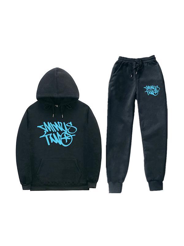 Men's Contrast Letter Print Drawstring Long Sleeve Tracksuit Set Product Image