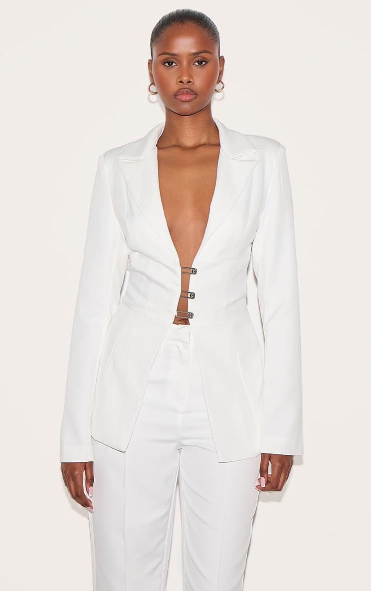 White Fitted Lace Up Back Blazer Product Image