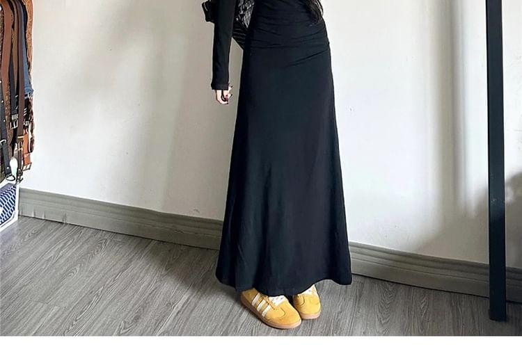 Long-Sleeve Henley Plain Maxi A-Line Dress Product Image