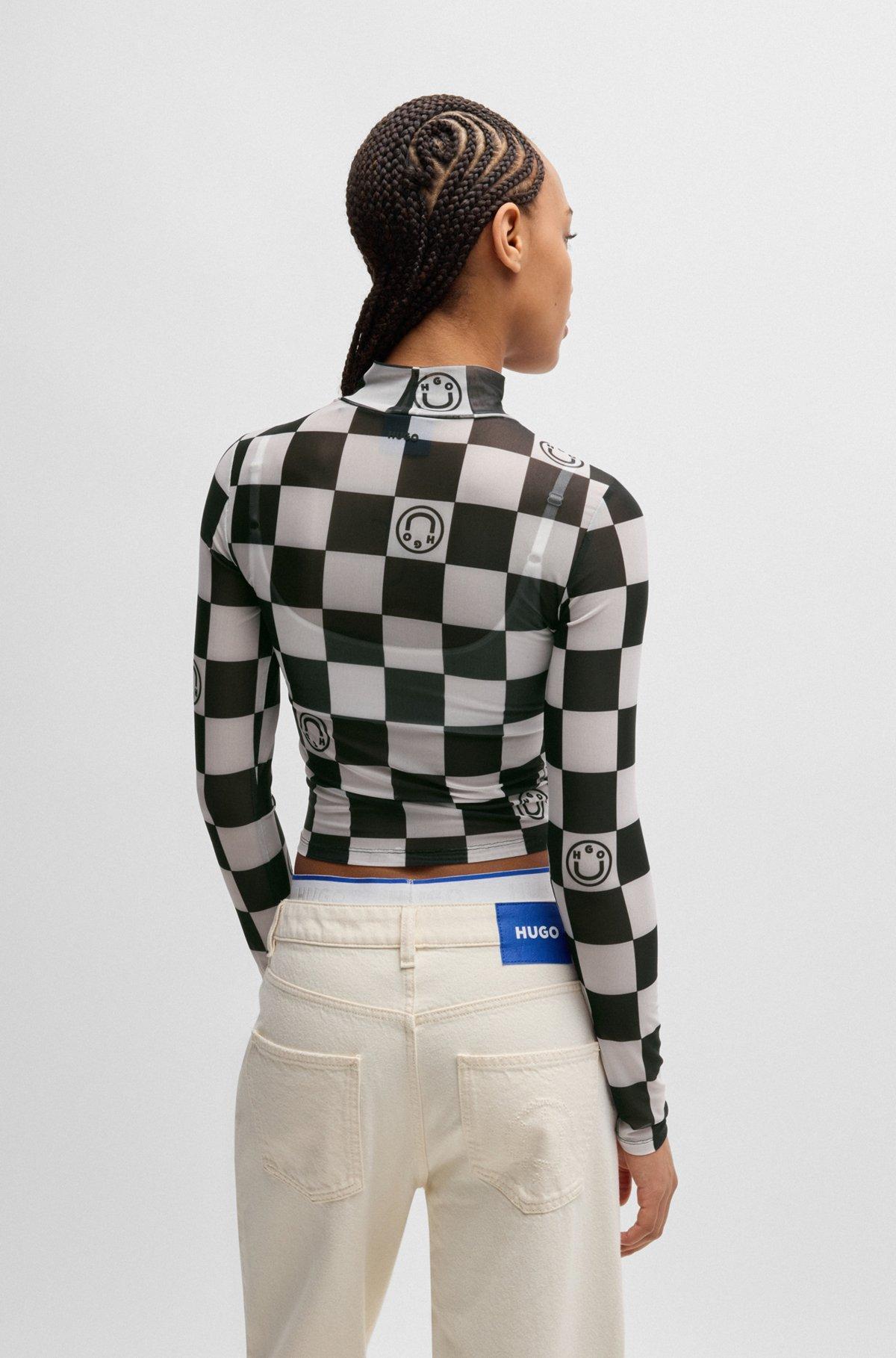 Cropped long-sleeved top in checkerboard-print stretch mesh Product Image