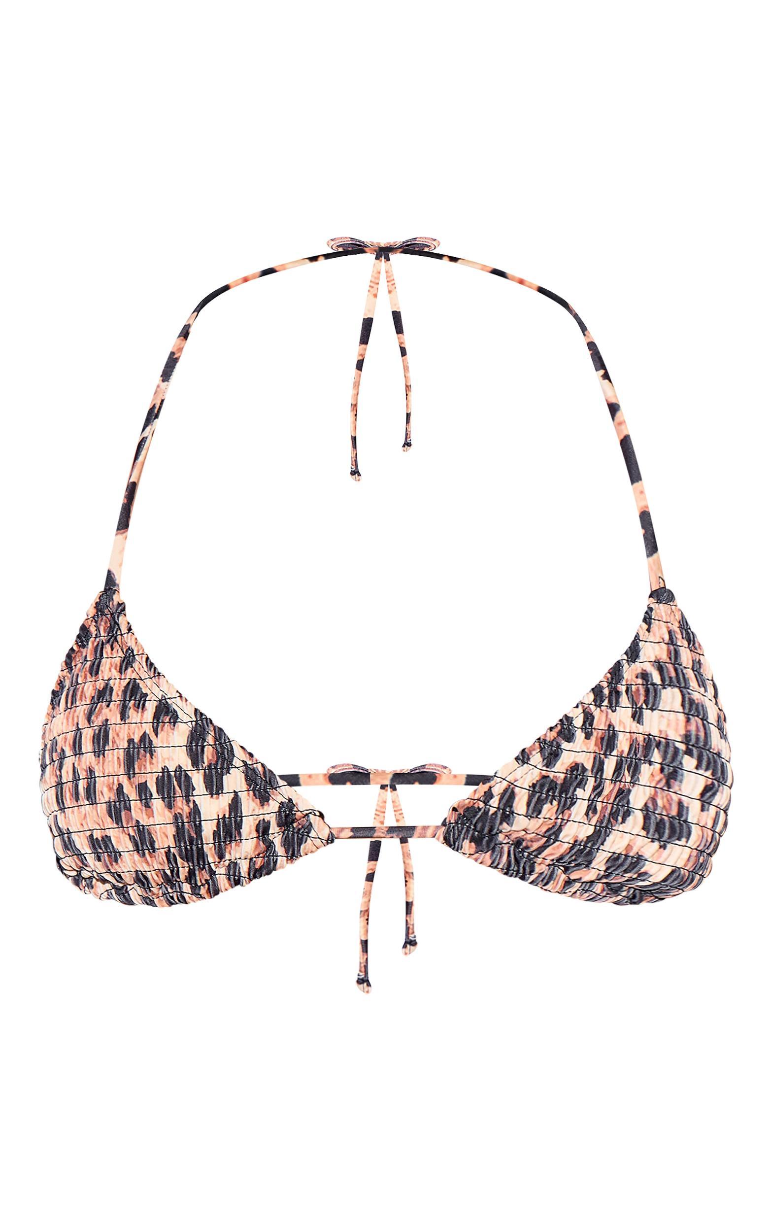 Brown Leopard Print Shirred Triangle Bikini Top Product Image