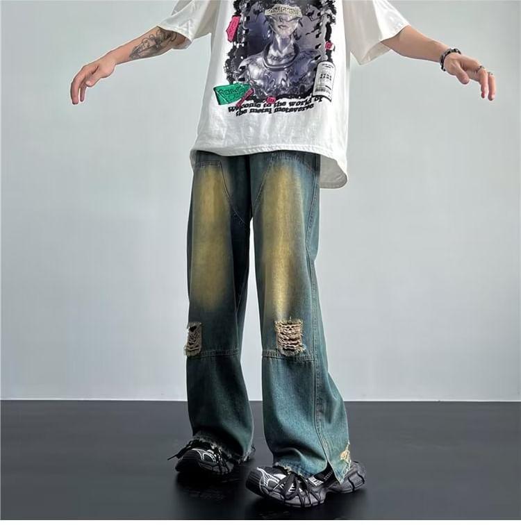 Mid Rise Washed Distressed Wide Leg Jeans Product Image