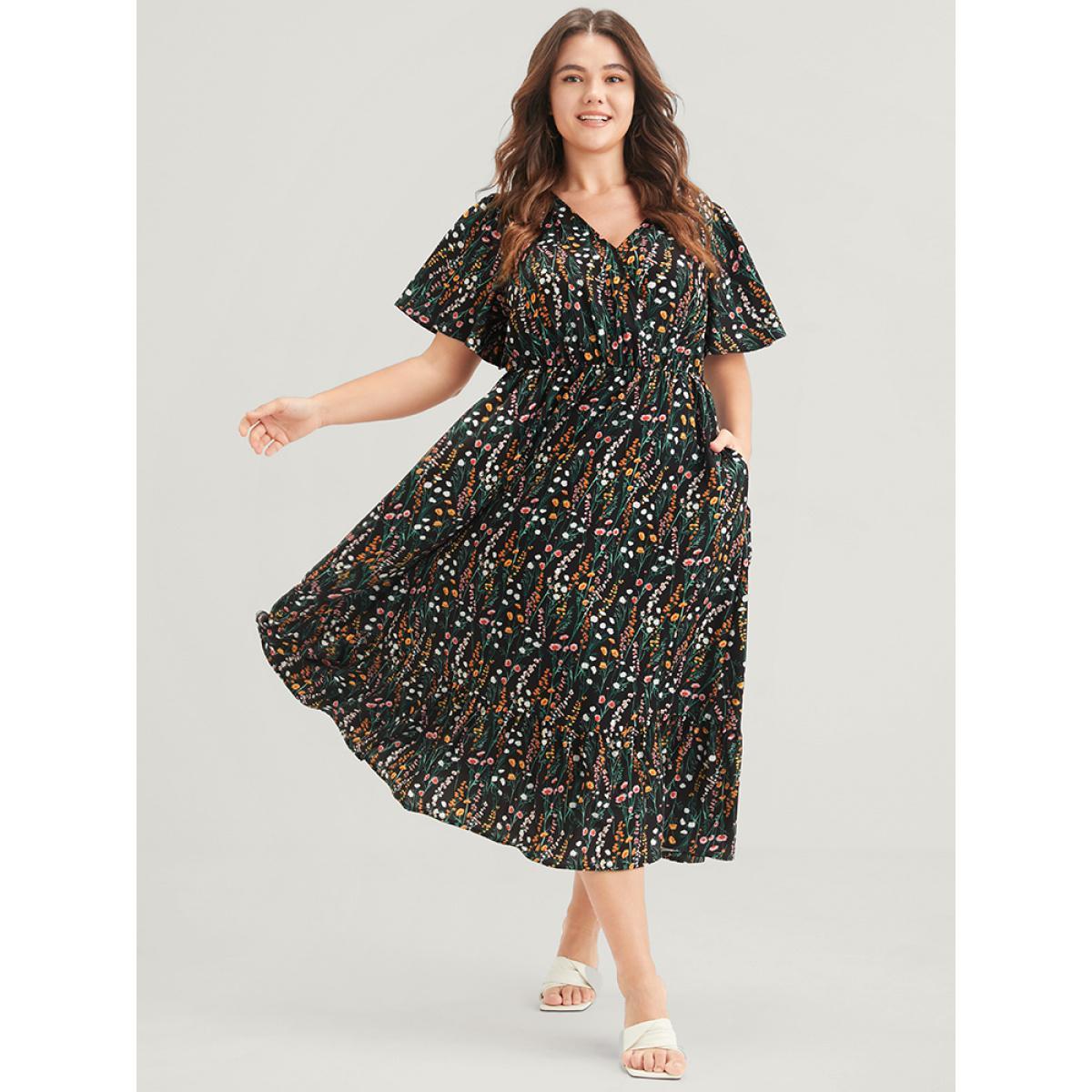 Plus Size Ditsy Floral Elastic Waist Button Ruffle Pocket Wrap Midi Dress BlackFlower Women Elegant Pocket V-neck Short sleeve Curvy Long Dress BloomChic 18-20/2X Product Image
