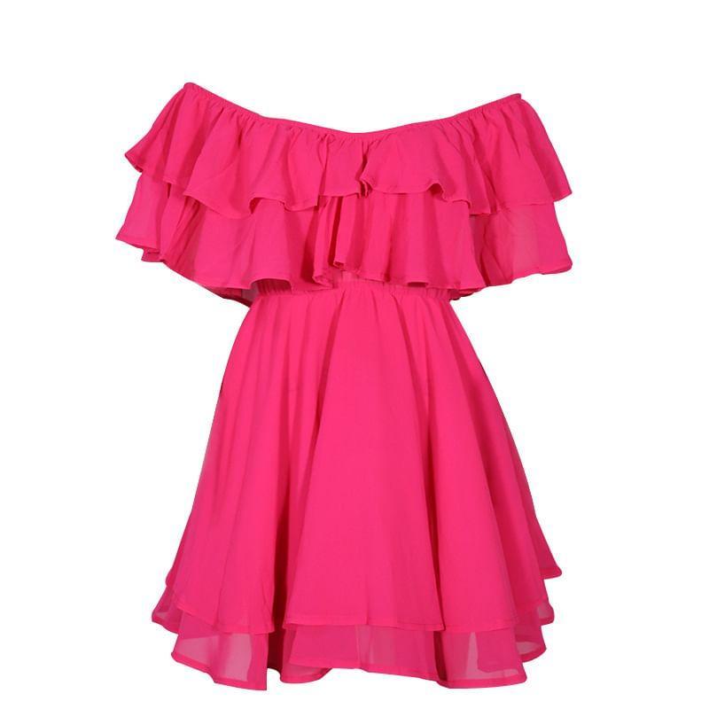 Off Shoulder Ruffle Plain Mini A-Line Dress Product Image