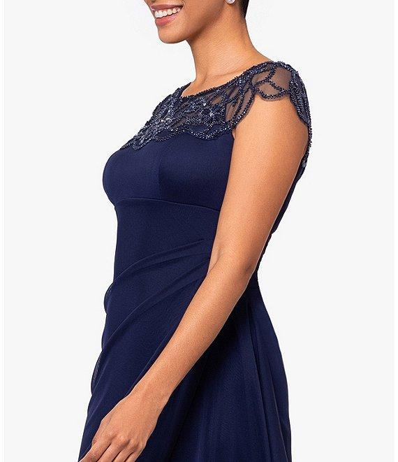 Xscape Beaded Yoke Cap Sleeve Illusion Round Neck Ruched Cascade Ruffle Side Gown Product Image
