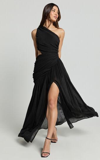 Darcy Maxi Dress - One Shoulder Side Cut Out Gathered Dress in Black Product Image