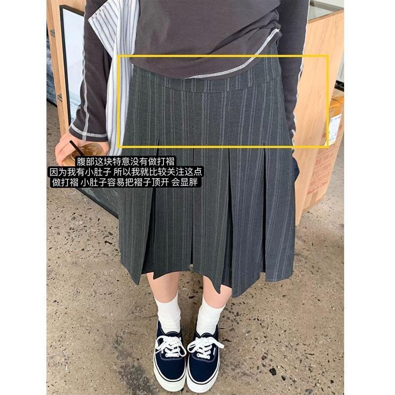 High Waist Striped Midi A-Line Pleated Skirt Product Image