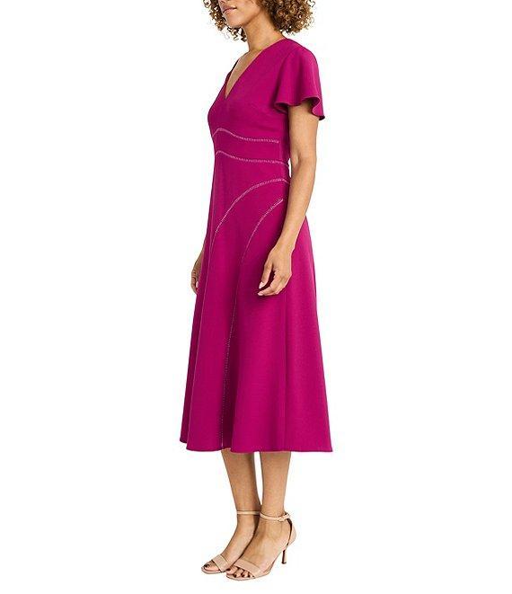 Maggy London V-Neck Flutter Sleeve Asymmetrical Lattice Scuba Crepe Midi Dress Product Image