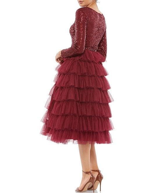 Mac Duggal Tiered Ruffle Crew Neck Long Sleeve Midi Dress Product Image