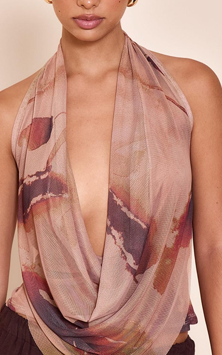 Beige Floral Printed Halter Neck Top Product Image