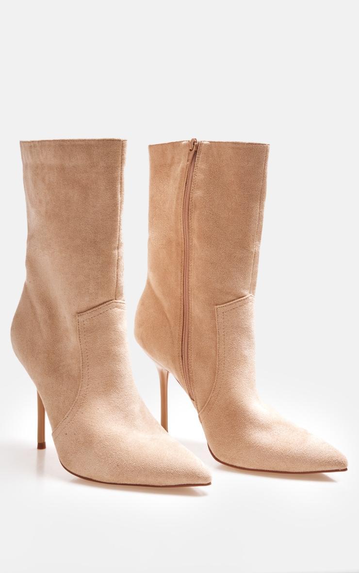 Camel Faux Suede Point Toe Stitch Detail High Stiletto Heeled Boots Product Image