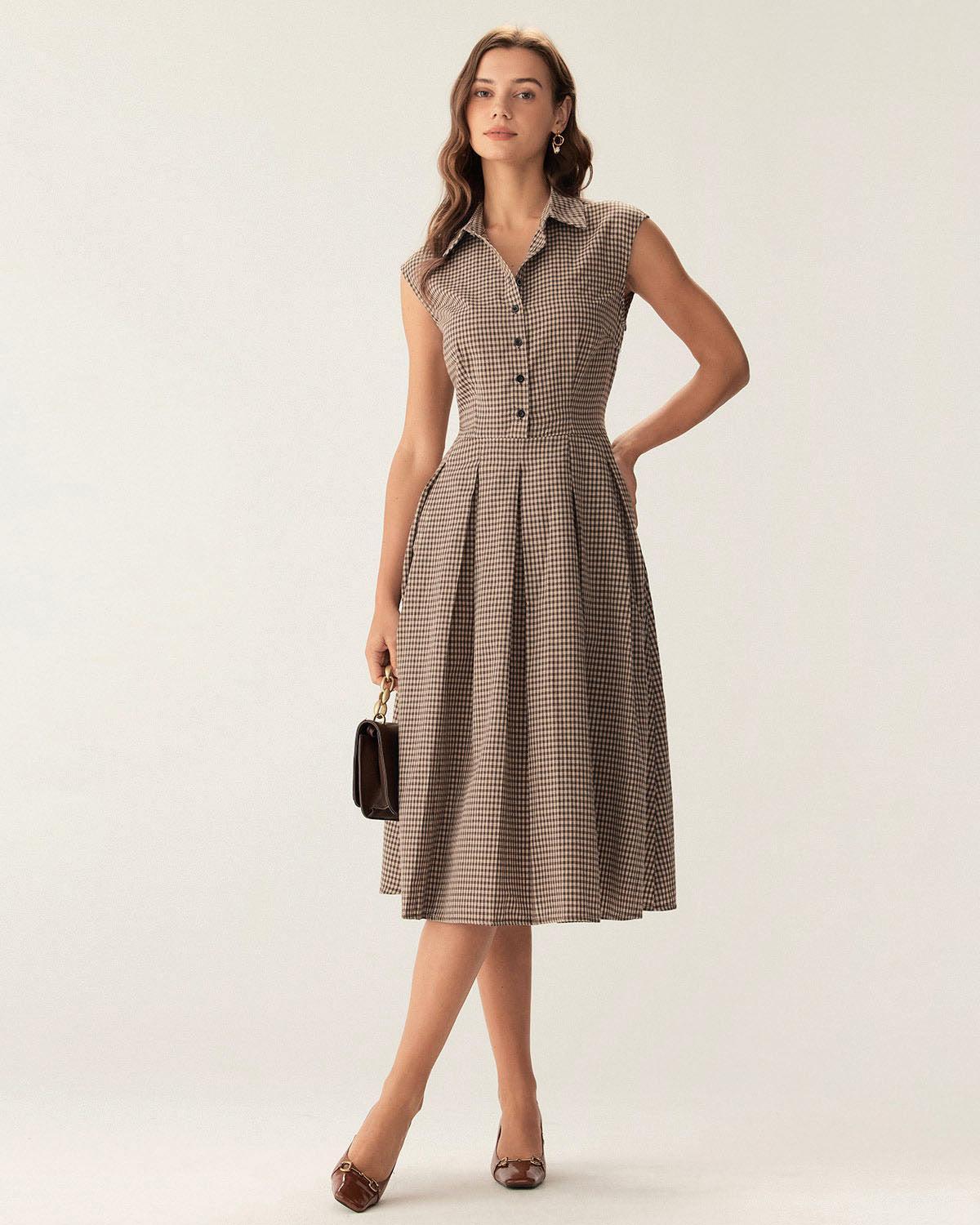 Brown Plaid Button Pleated Midi Dress Product Image