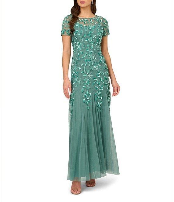 Adrianna Papell Round Neck Short Sleeve Floral Beaded Mesh Godet Fit and Flare Gown Product Image