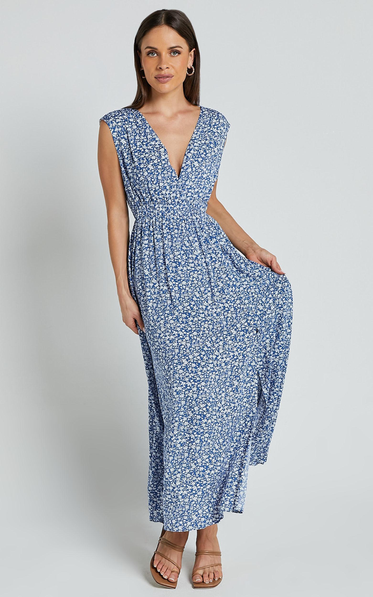 Valeri Midi Dress - Plunge Neck Sleeveless Tie Waist Dress in Blue Floral Product Image