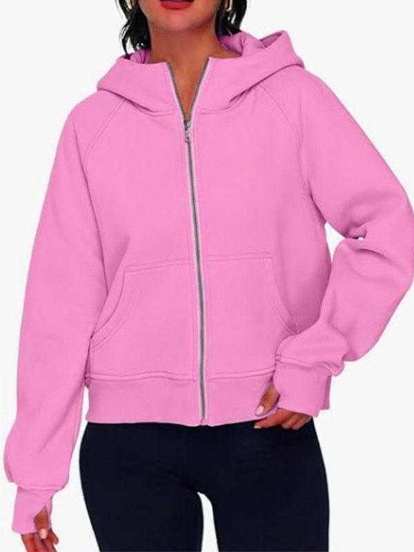 Hooded Long Sleeves Pockets Solid Color Zipper Jackets Outerwear Product Image