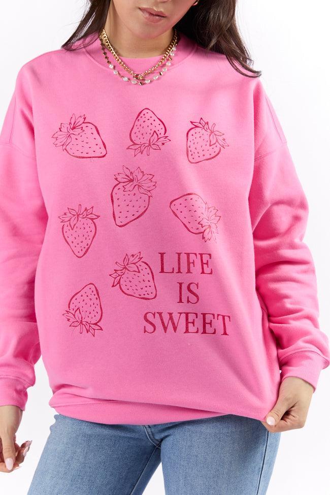 Life Is Sweet Strawberries Pink Oversized Graphic Sweatshirt SALE Product Image