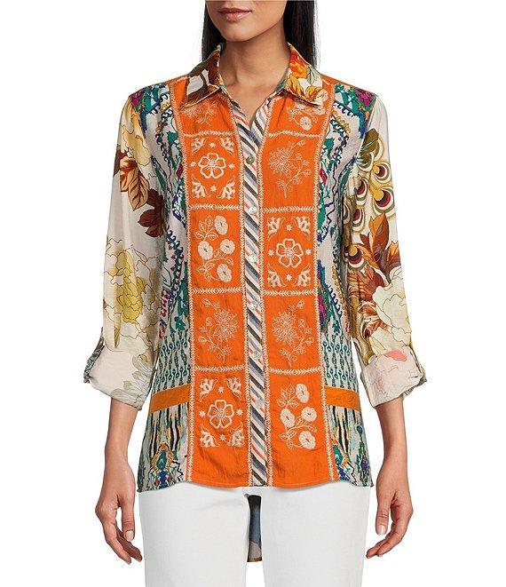 John Mark Point Collar Button Front Long Roll-Tab Sleeve Embroidered Panel Multi Print Tunic Product Image