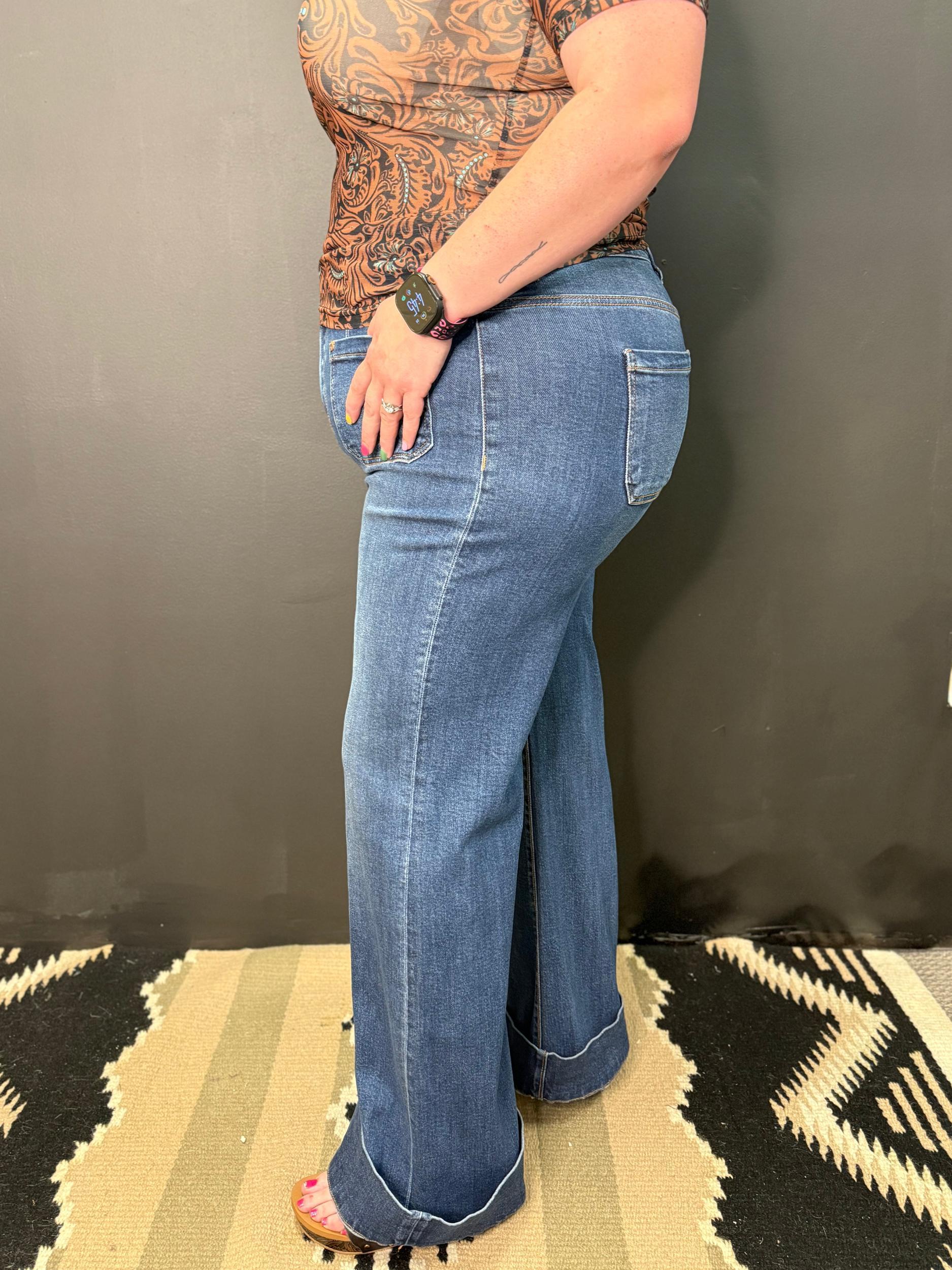 PLUS High Rise Wide Flare Patch Pocket Jeans Product Image