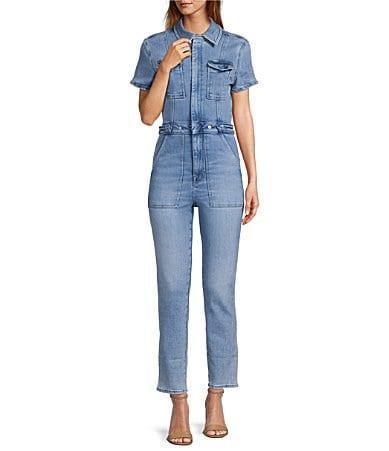 Good American Plus Size Fit For Success Short Sleeve Point Collar Straight Leg Stretch Denim Jumpsuit Product Image