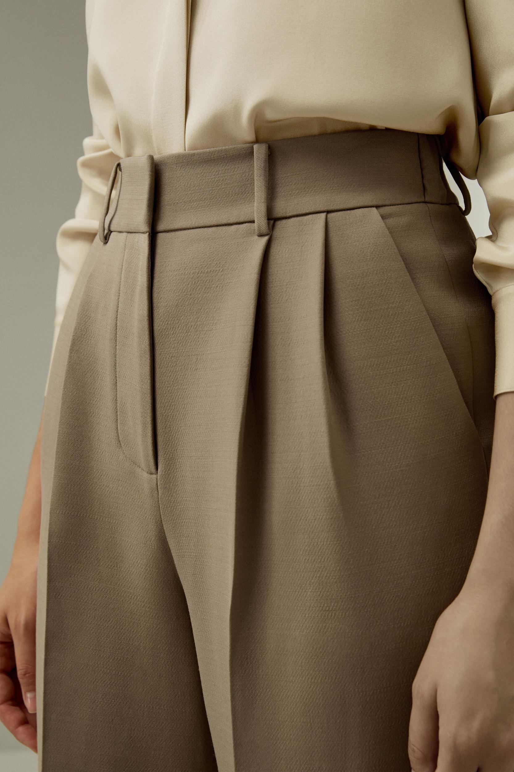 Silk-Wool Blend Khaki Minimalist Trousers Product Image
