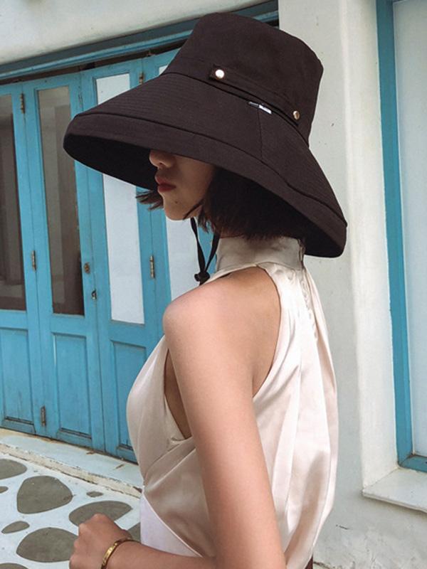 Casual Solid Sun-Protection Large Wide Brim Bucket Hat Product Image