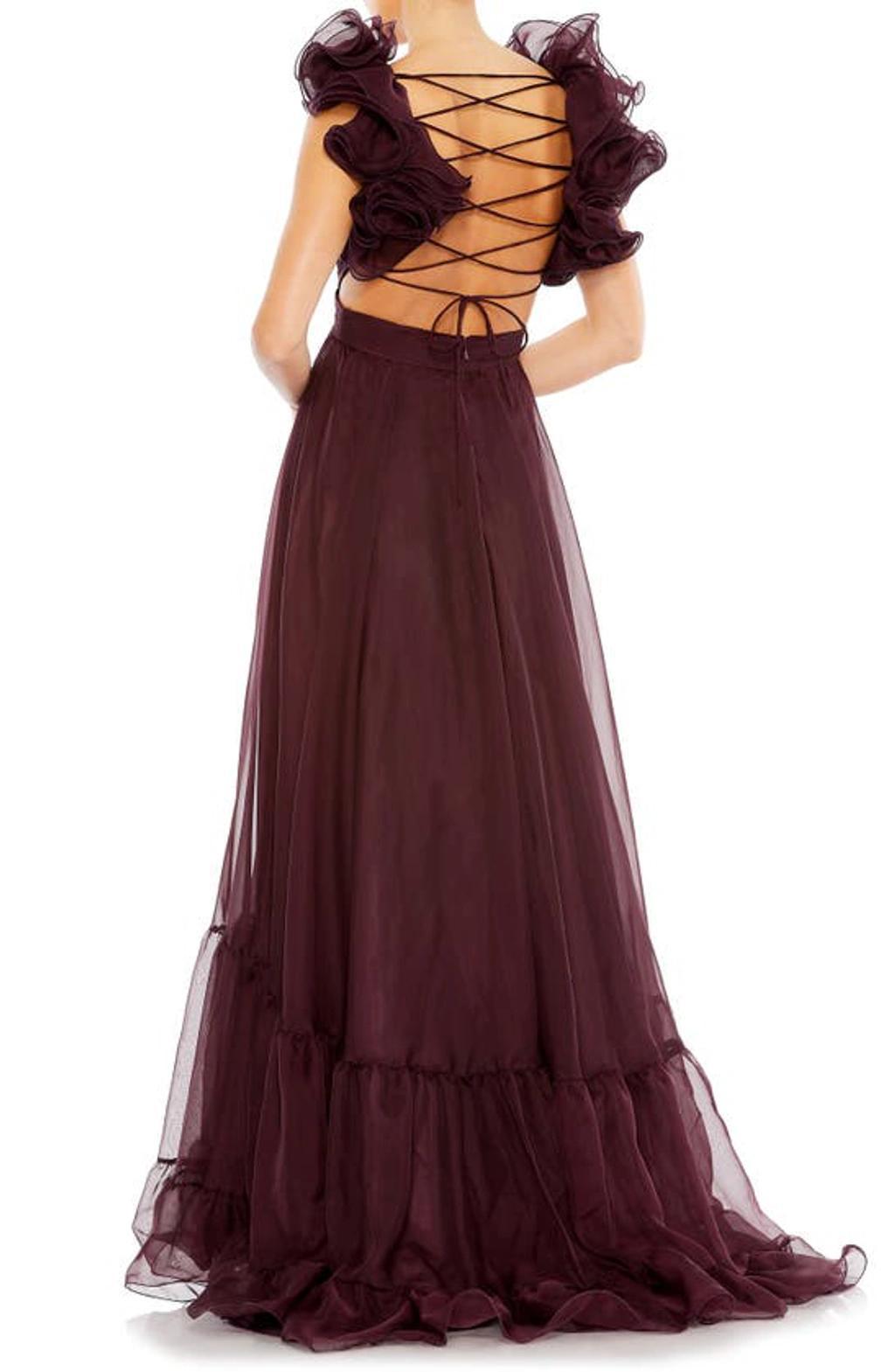 Rosette Chiffon Cutout Empire Waist Gown In Chocolate Product Image