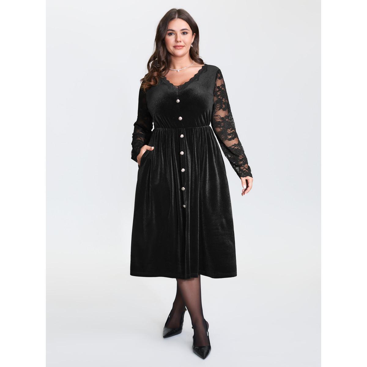 Plus Size Velvet Sheer Floral Lace Midi Dress Black Women Romantic Patchwork Deep V-neck Long Sleeve Curvy BloomChic 28/5X Product Image