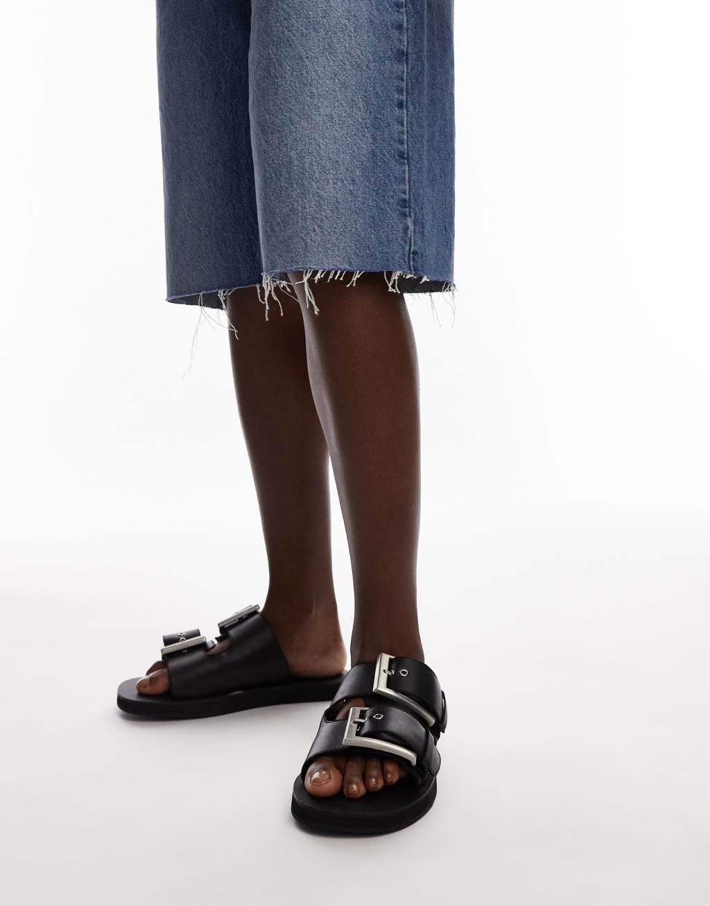 Topshop Kiara leather sandals with chunky buckles in black Product Image