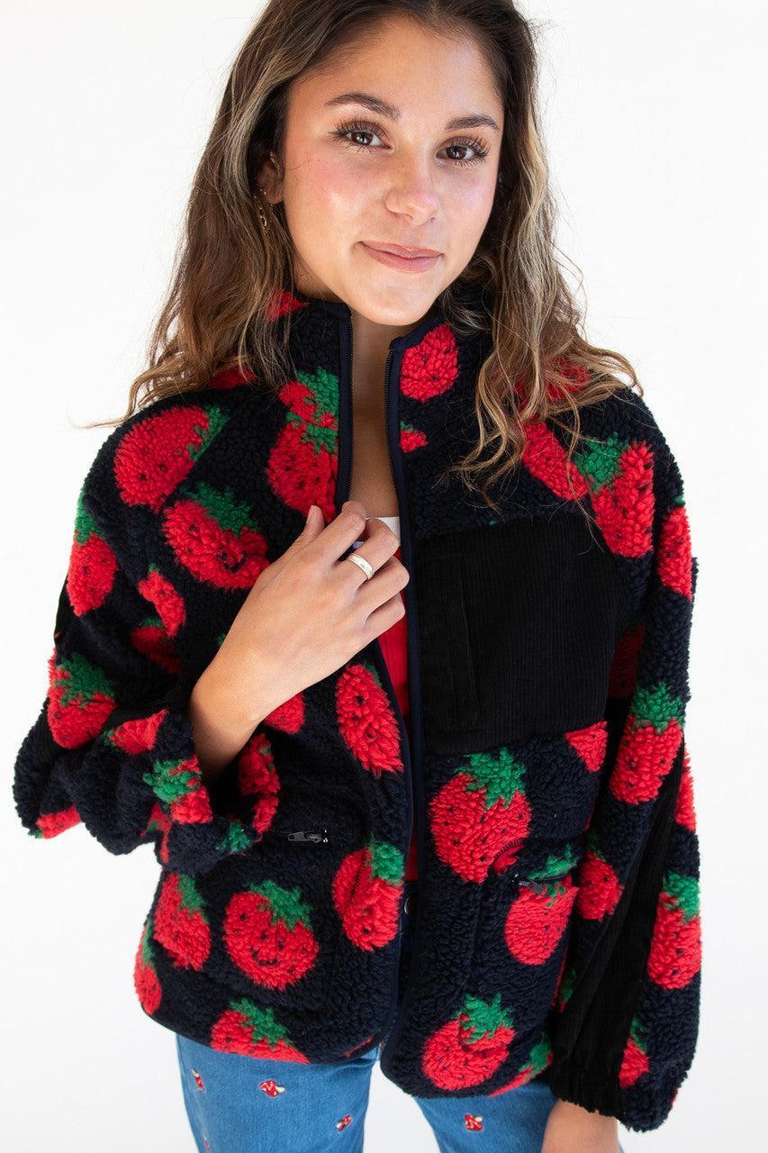 Fruit Pattern Corduroy Detail Faux Sherpa Jacket Product Image