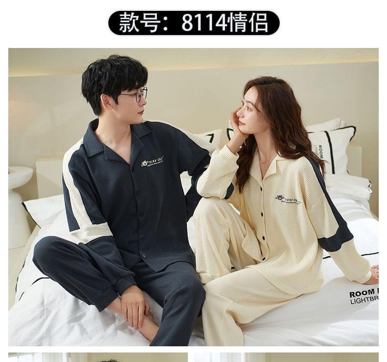 Couple Matching Loungewear Set : Long-Sleeve Color Block Bear Print Top + Pants Product Image