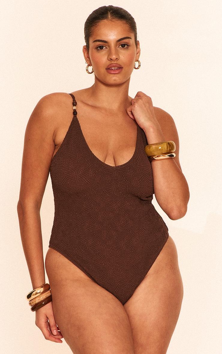 Plus Chocolate Textured Bead Trim Plunge Swimsuit Product Image