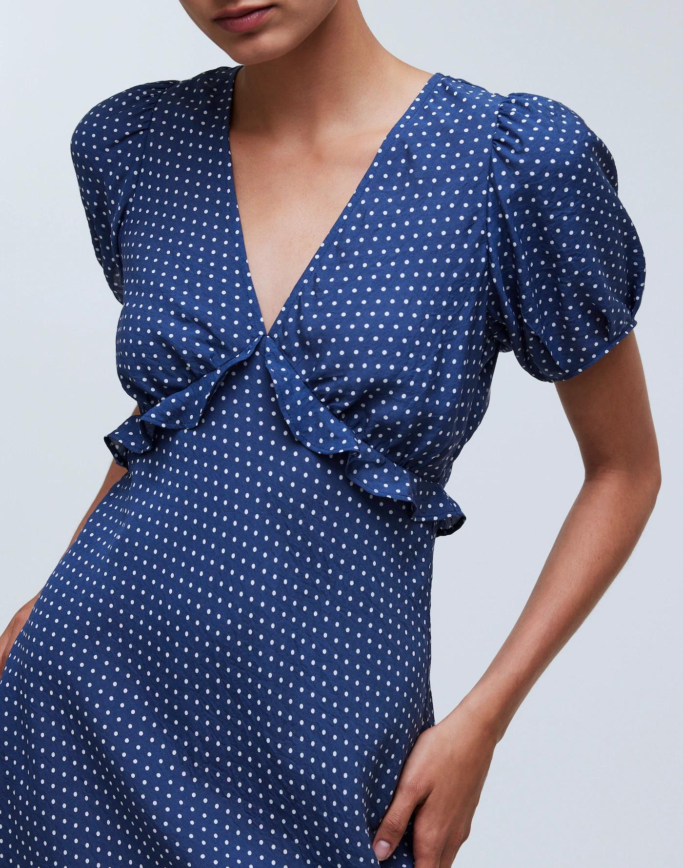 Puff-Sleeve Ruffle Mini Dress in Polka Dot Product Image