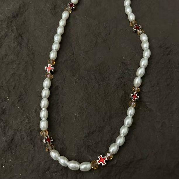 Faux Pearl Cross Beaded Necklace Product Image