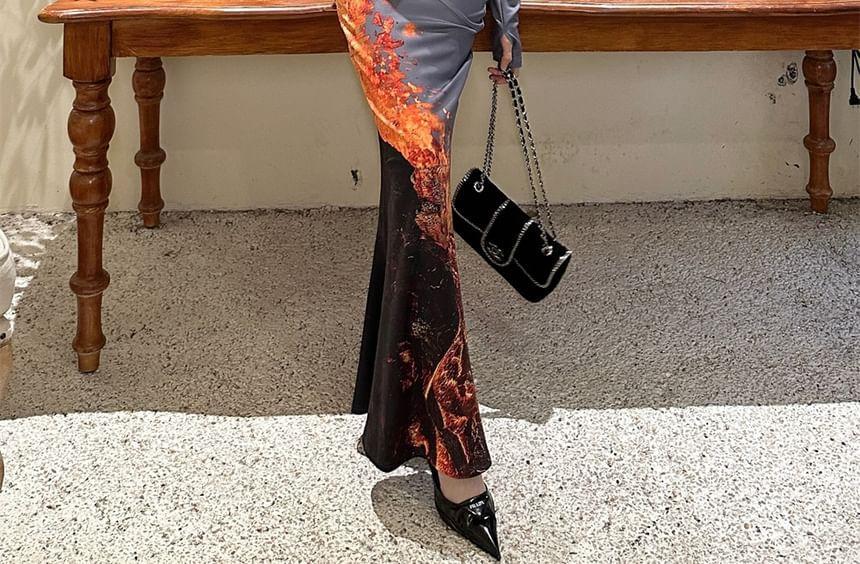 Long Sleeve Off Shoulder Flamed Print Maxi Sheath Dress Product Image