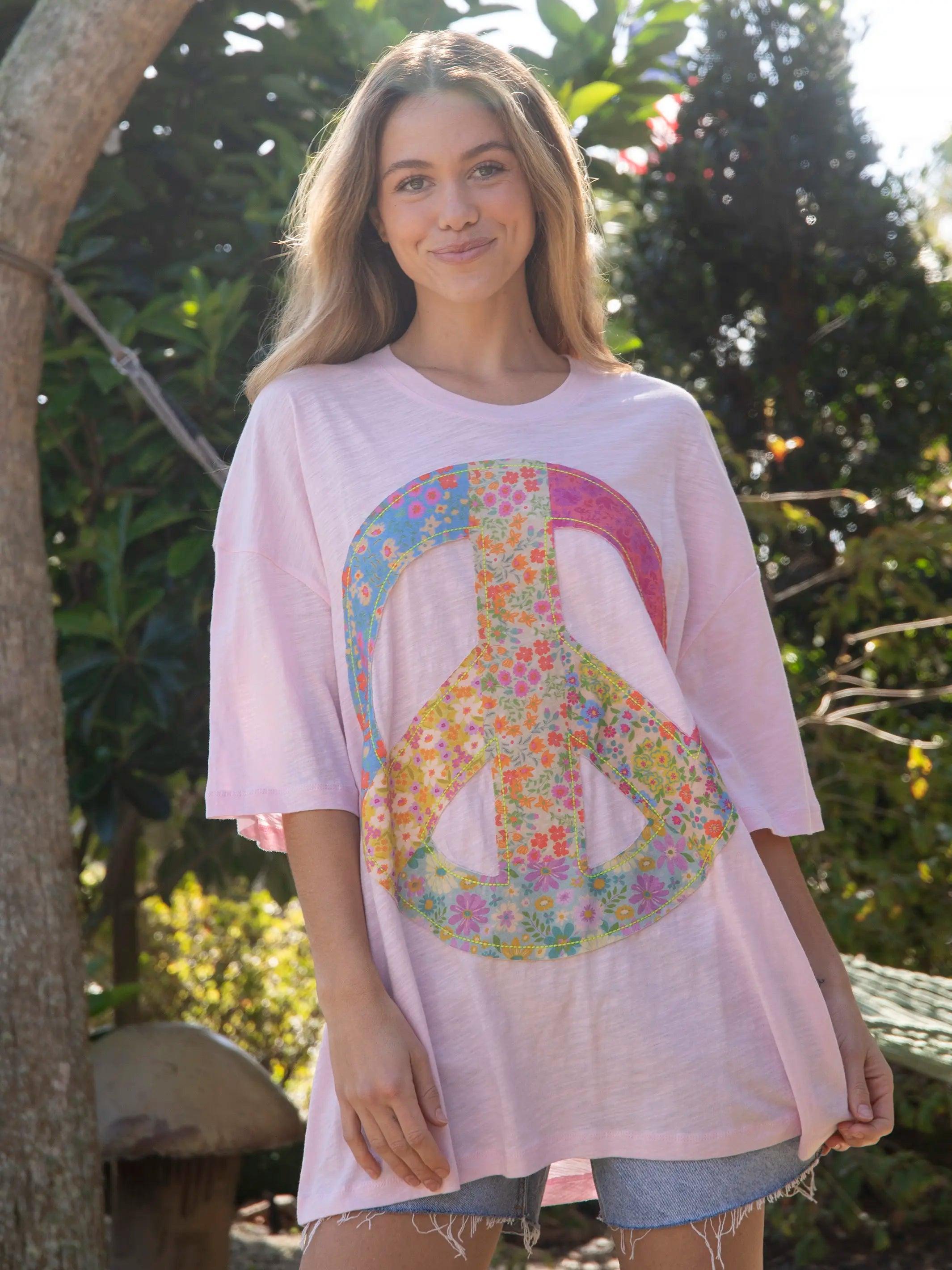 Oversized Cotton Applique Tee - Light Pink Peace Sign Product Image