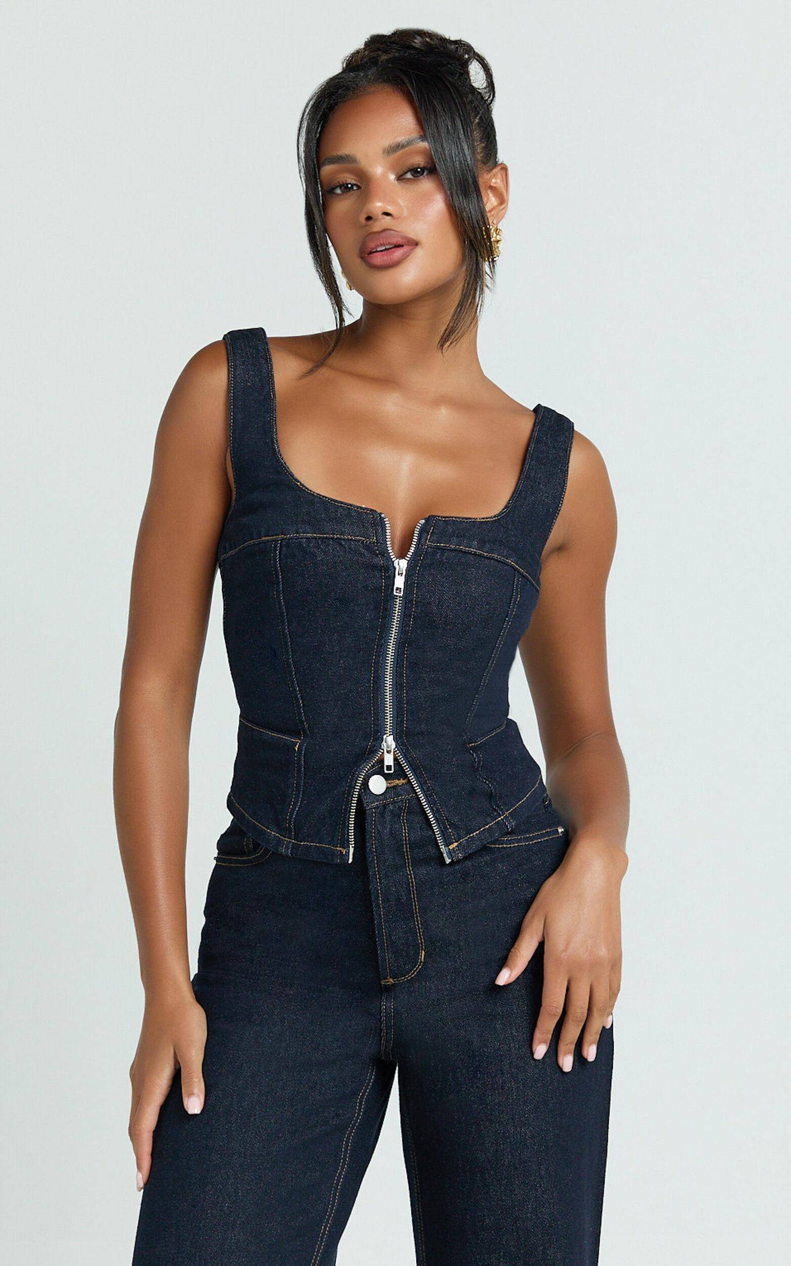 Bellerose Top - Front Zip Denim Fitted Top in Raw Denim with Tobacco Stitch Product Image