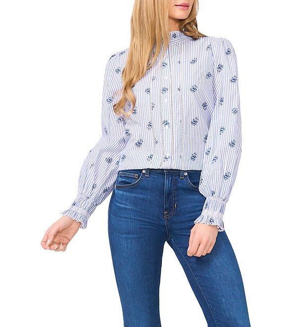 CeCe Woven Stripe Print Ruffled Collar Long Sleeve Button Down Blouse Product Image