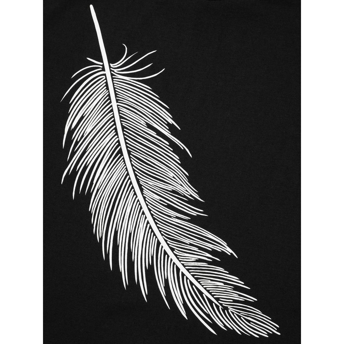 Plus Size Stretchy Feather Print Round Neck T-Shirt Black Women Casual Non Art&design Round Neck Everyday T-shirts BloomChic 22-24/3X Product Image