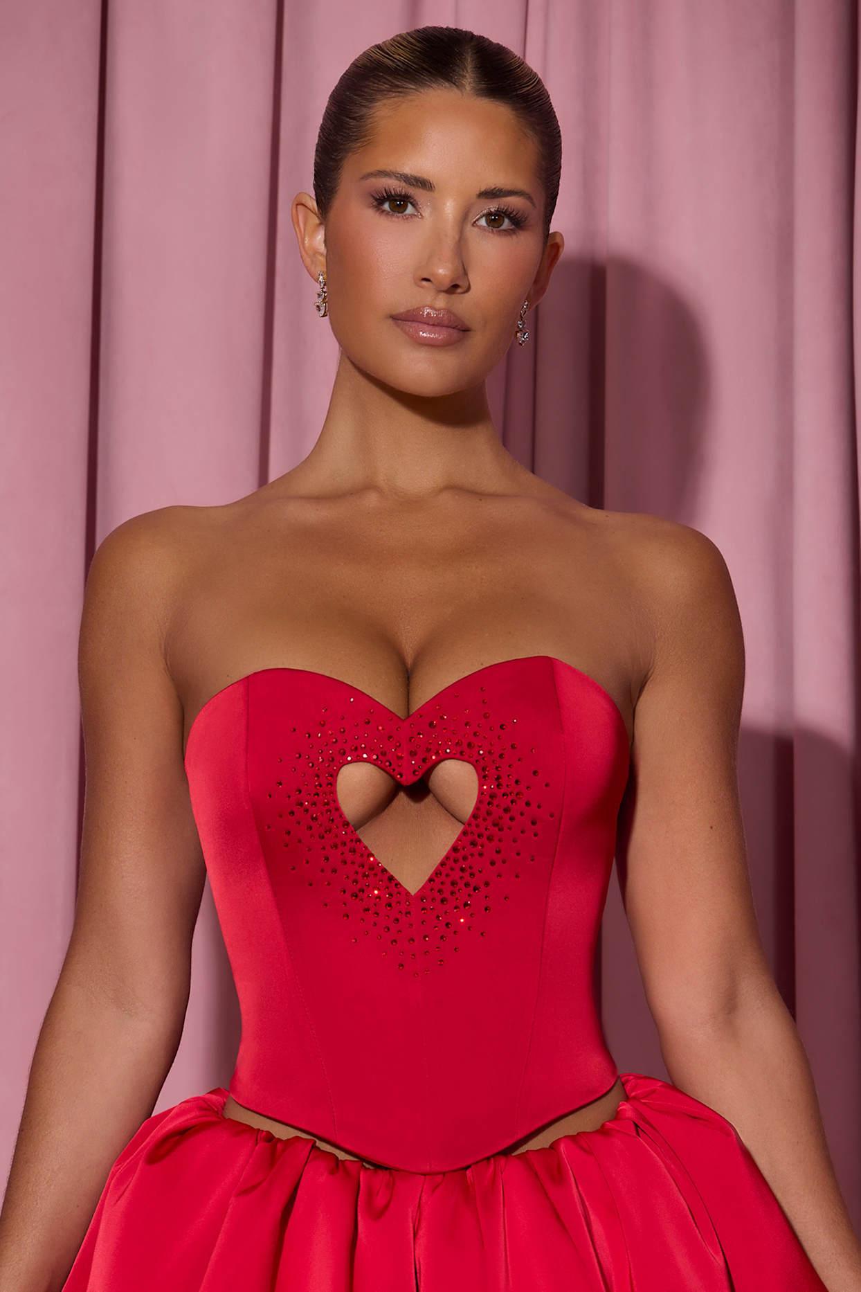 Embellished Heart Cut-Out Strapless Corset Top in Red Product Image