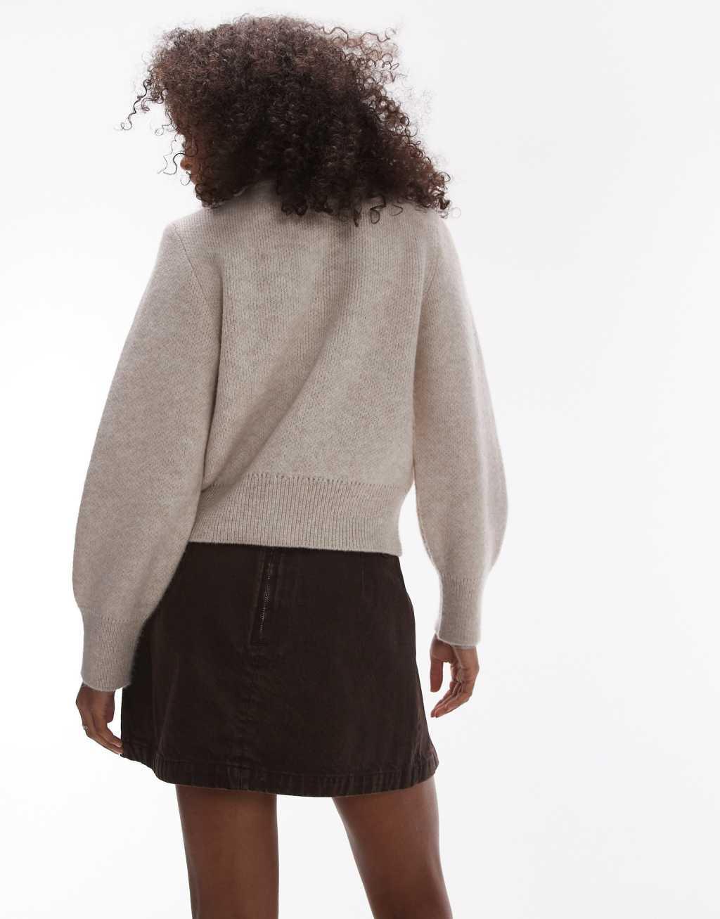 Topshop denim box pleat mini skirt in brown Product Image