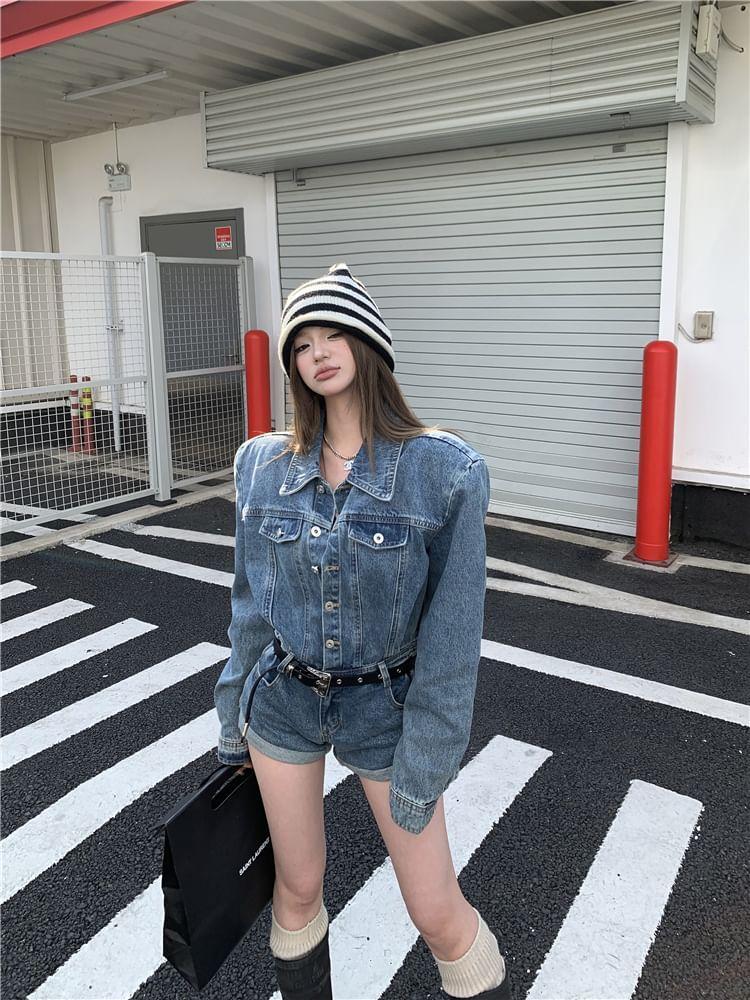 Long-Sleeve Washed Button-Up Denim Romper Product Image