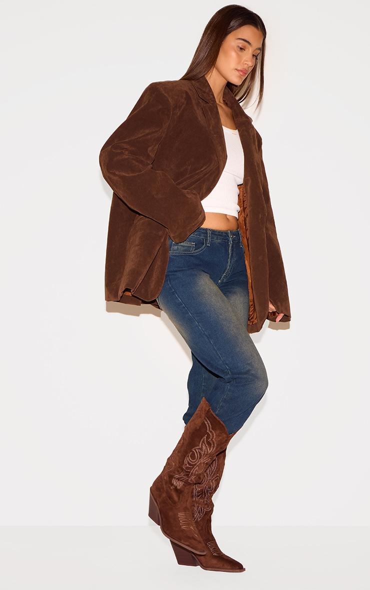 Chocolate Faux Suede Point Toe Calf High Western Boots Product Image