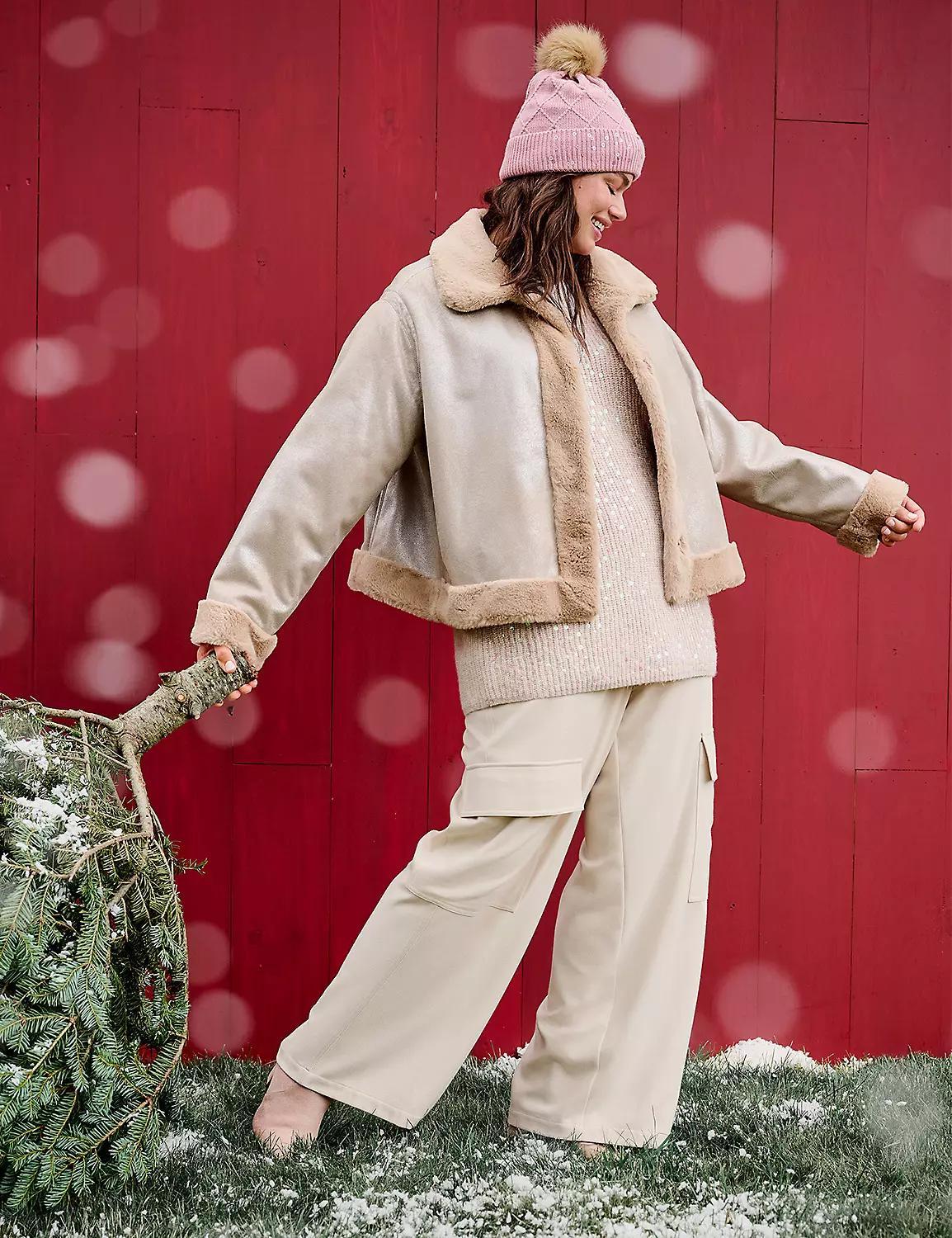 Faux-Suede Sherpa-Trim Short Jacket Product Image