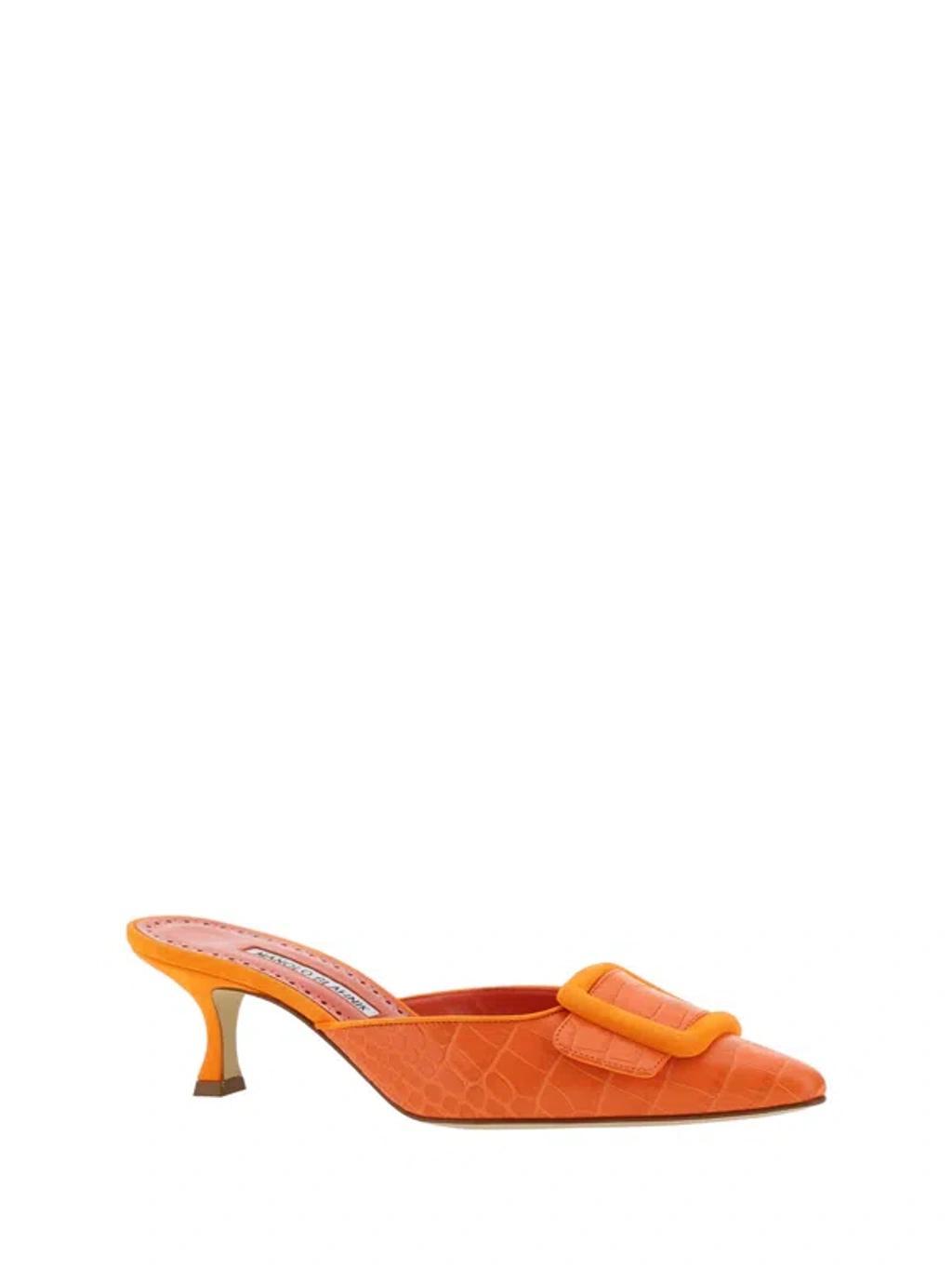 MANOLO BLAHNIK Maysalebi 50 Suede-trimmed Croc-effect Leather Mules In Orange Product Image