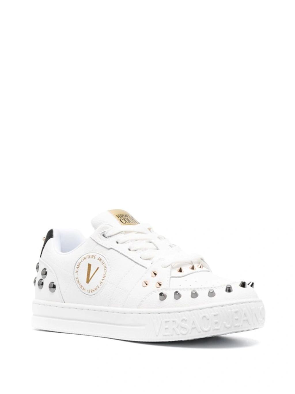 VERSACE JEANS COUTURE Spiked Stud-design Leather Sneakers In Emd7 White + Multico Product Image