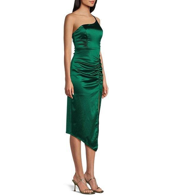 One Shoulder Shirred Side Slit Satin Midi Dress Product Image